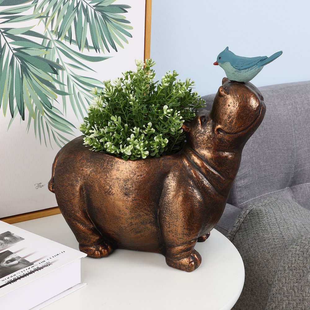 Brown Hippo and Blue Bird MgO Flower Pot Planter. Picture 2