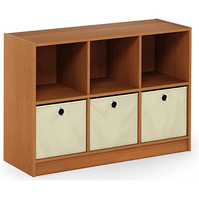 Basic 3x2 Bookcase Storage w/Bins, Light Cherry/Ivory. Picture 1