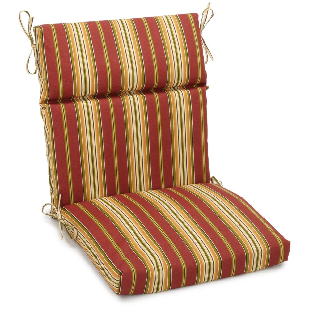 18-inch by 38-inch Spun Polyester Patterned Outdoor Squared Chair Cushion, Kingsley Stripe Ruby. Picture 1