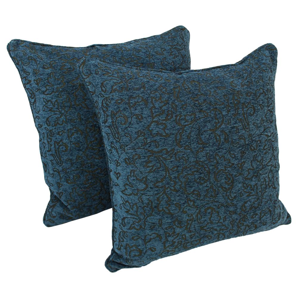 25-inch Double-corded Patterned Jacquard Chenille Square Floor Pillows with Inserts (Set of 2), Blue Floral. Picture 1