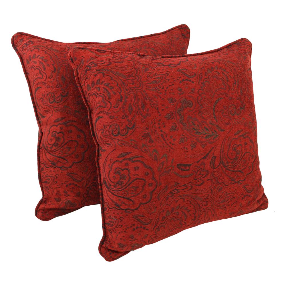 25-inch Double-corded Patterned Jacquard Chenille Square Floor Pillows with Inserts (Set of 2), Scrolled Floral Red. Picture 1