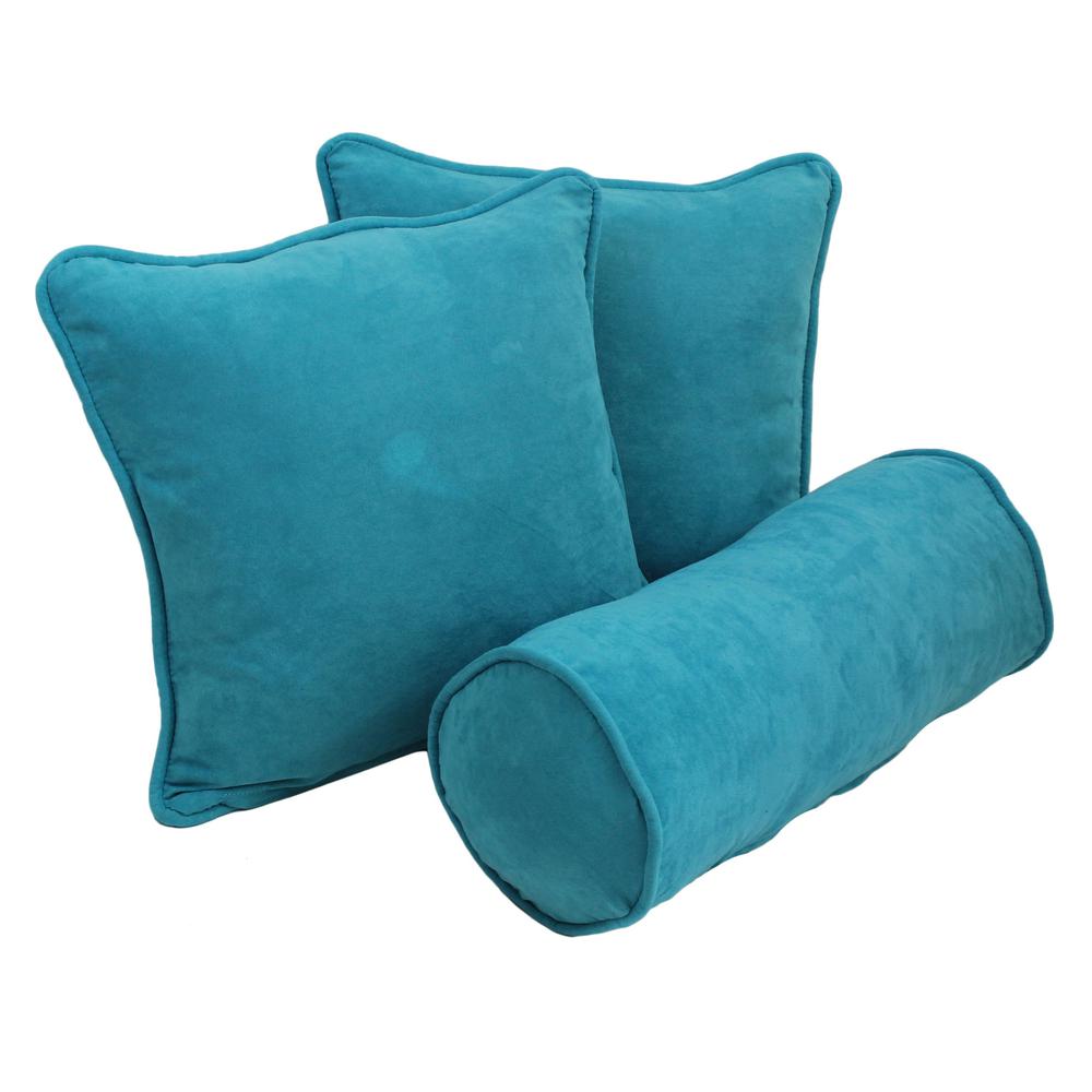 Double-corded Solid Microsuede Throw Pillows with Inserts (Set of 3) Aqua Blue. Picture 1
