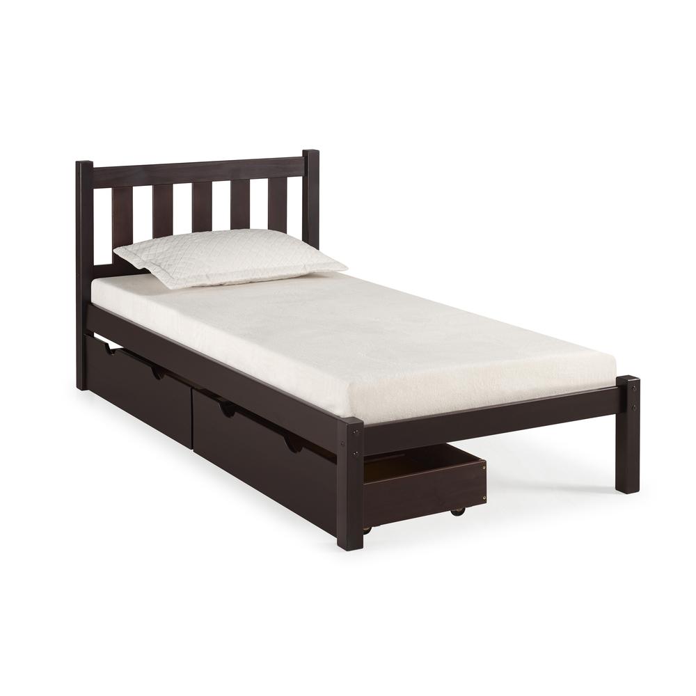 Poppy Twin Wood Platform Bed with Storage Drawers, Espresso. Picture 1