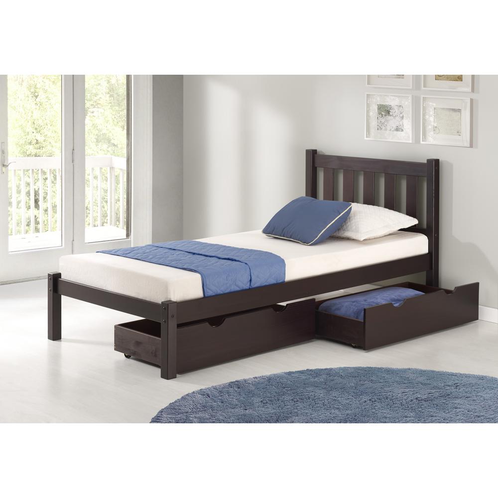 Poppy Twin Wood Platform Bed with Storage Drawers, Espresso. Picture 2