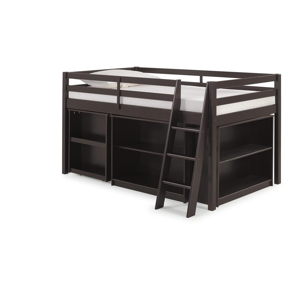 Roxy Wood Junior Loft Bed with Pull-out Desk, Shelving and Bookcase, Espresso. Picture 1