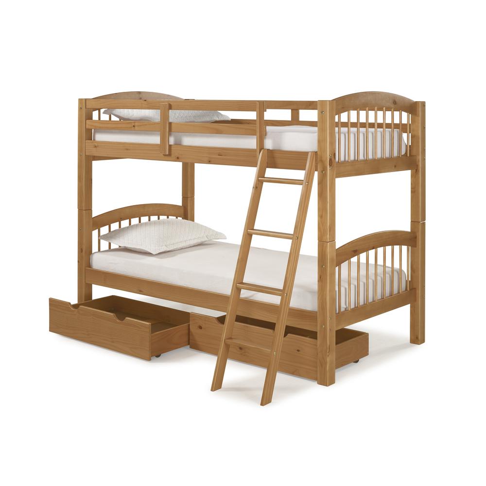 Spindle Twin Wood Over Twin Wood Bunk Bed with Storage Drawers, Cinnamon. The main picture.