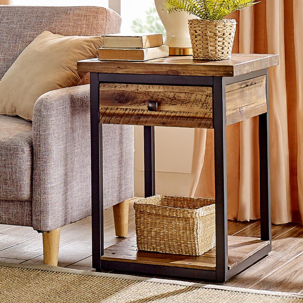 Claremont Rustic Wood End Table with Drawer and Low Shelf. Picture 24