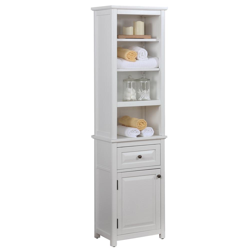 Dorset Bathroom Storage Tower with Open Upper Shelves, Lower Cabinet and Drawer. Picture 6