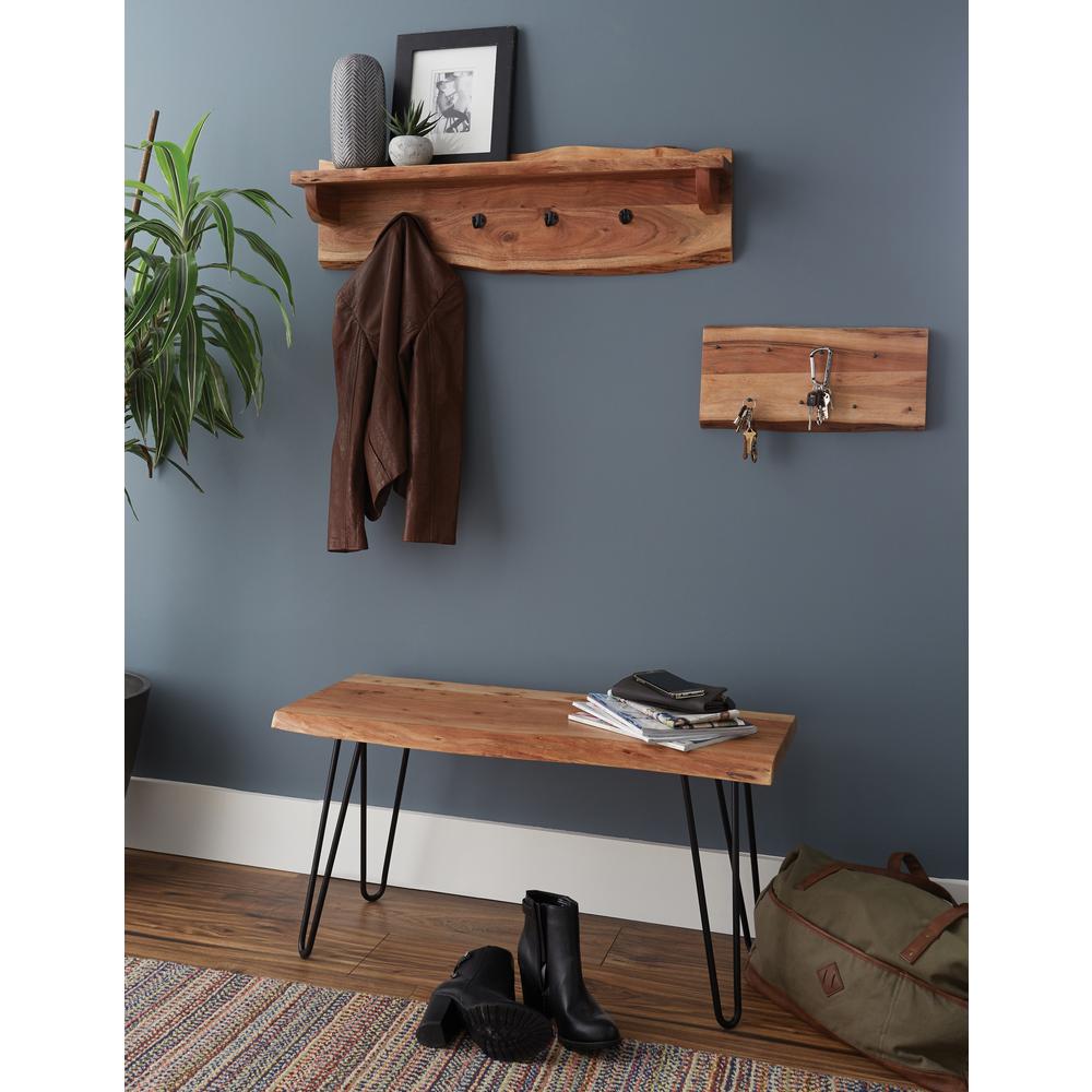 Hairpin Natural Live Edge 36" Bench with Coat Hook Shelf Set. Picture 7