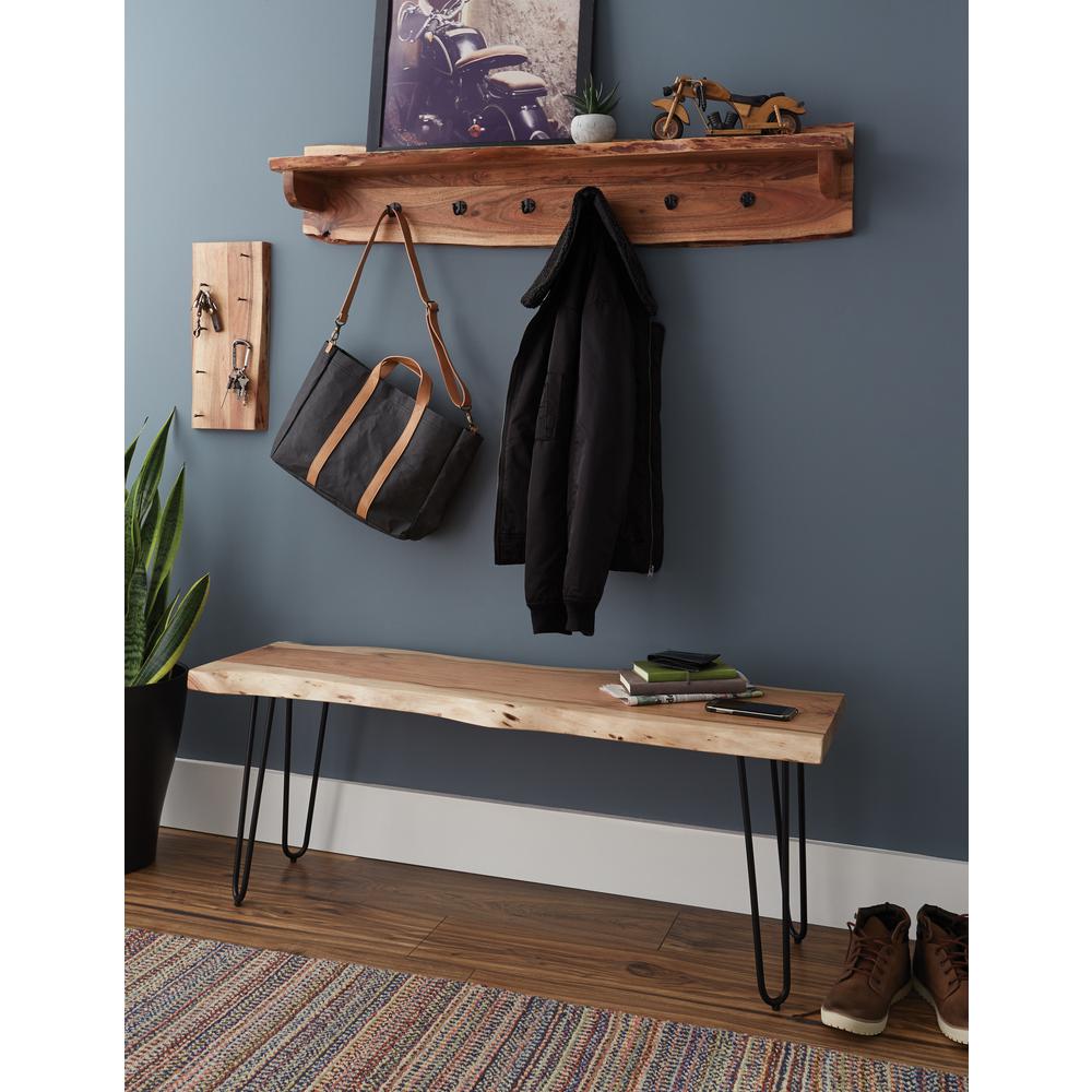 Hairpin Natural Live Edge 48" Bench with Coat Hook Shelf Set. Picture 7