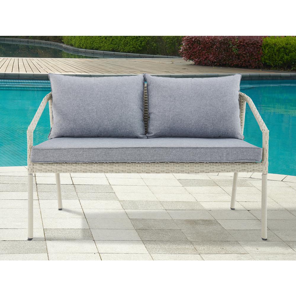 Windham All-Weather Wicker Two-Seat Outdoor Light Gray Bench with Dark Gray Cushions. Picture 42