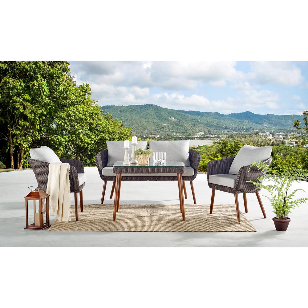 Athens All-Weather Wicker Outdoor Conversation Set with 35"L Coffee Table, Set of Two Chairs and Two-Seat Bench. Picture 27