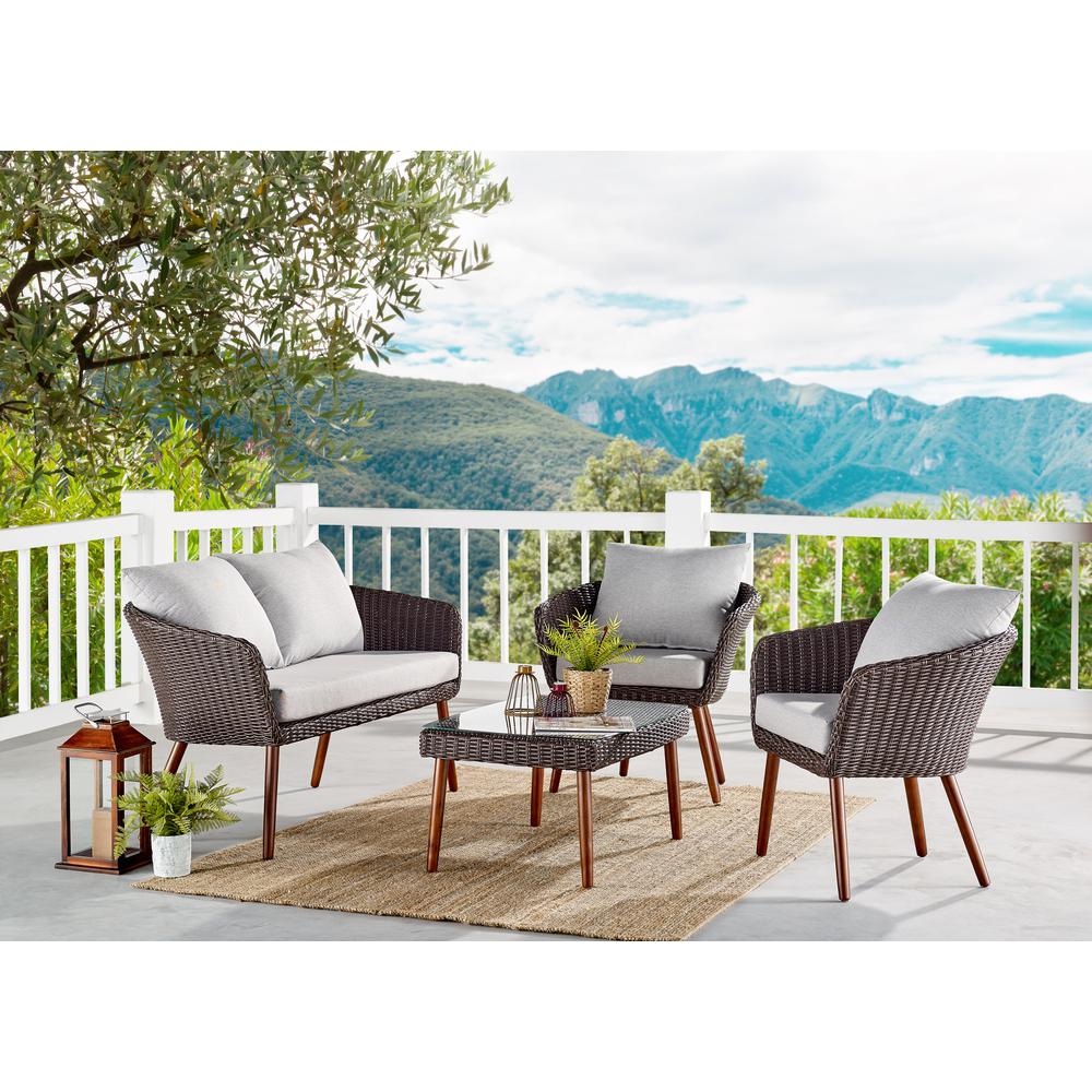 Athens All-Weather Wicker Outdoor Conversation Set with 26"H Cocktail Table, Set of Two Chairs and Two-Seat Bench. Picture 36