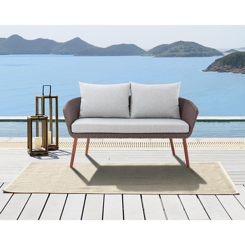 Athens All-Weather Wicker Two-Seat Outdoor Brown Bench with Light Gray Cushions. Picture 13