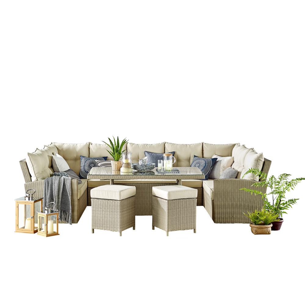 Canaan All-Weather Wicker Outdoor Double-Corner Horseshoe Sectional Sofa and Two Loveseats with 26"H Cocktail Table and Two Stools. Picture 5