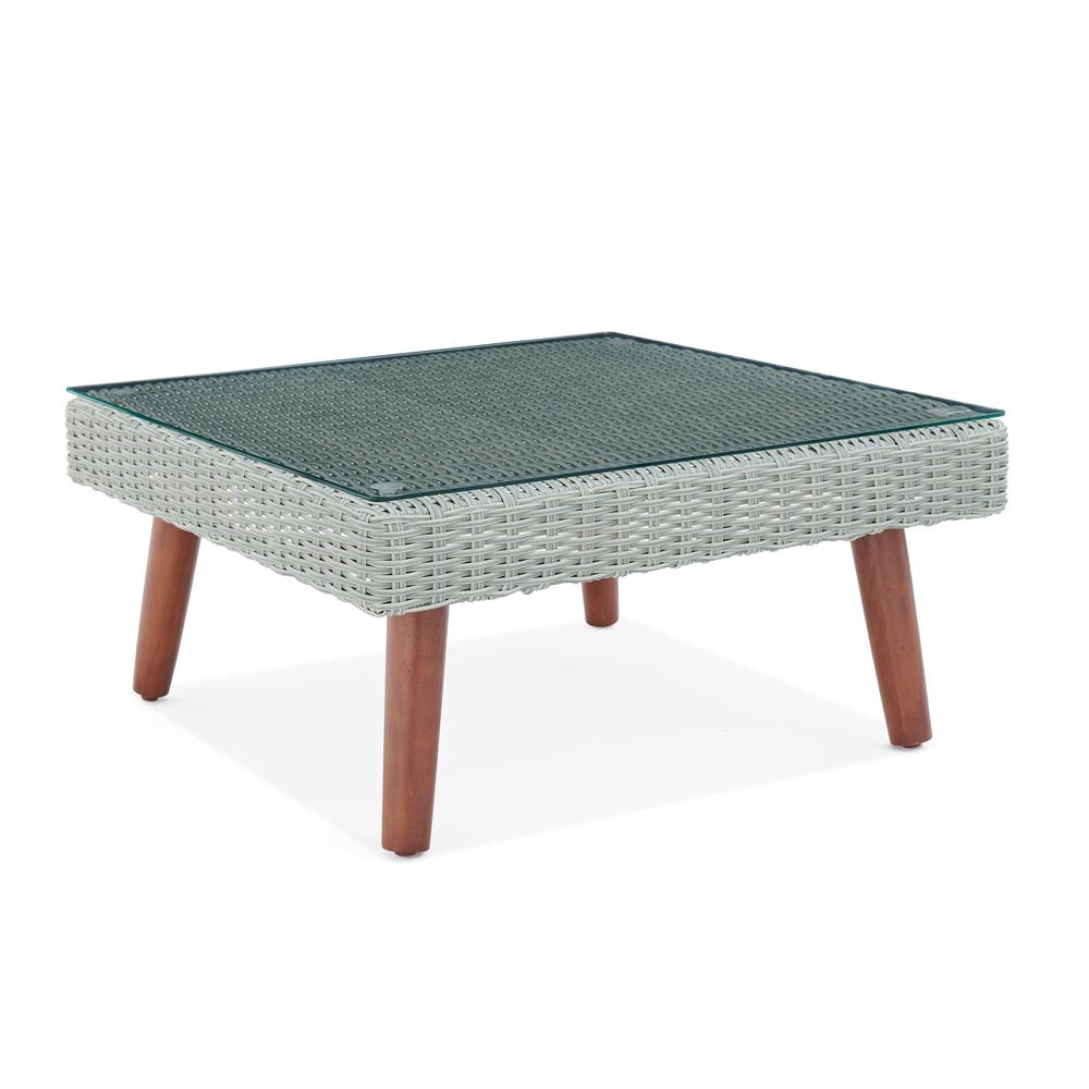 Albany All-Weather Wicker Outdoor Gray 29 W" Square Coffee Table with Glass Top. Picture 7