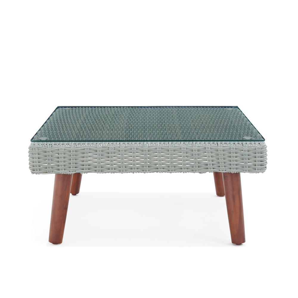 Albany All-Weather Wicker Outdoor Gray 29 W" Square Coffee Table with Glass Top. Picture 9
