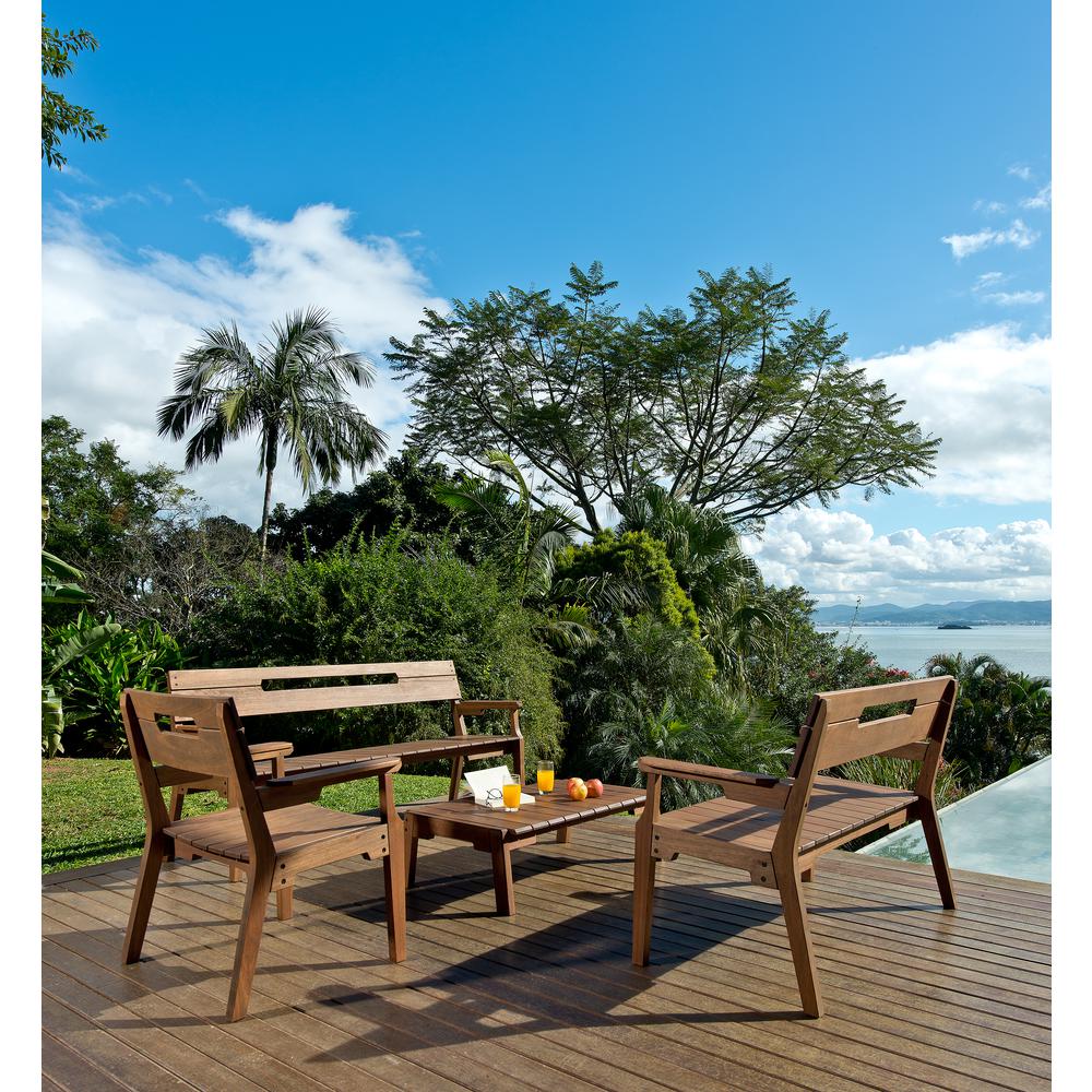 Otero Eucalyptus Wood Outdoor Set with 3-Seat Bench, 2-Seat Bench, Armchair and Coffee Table. Picture 20