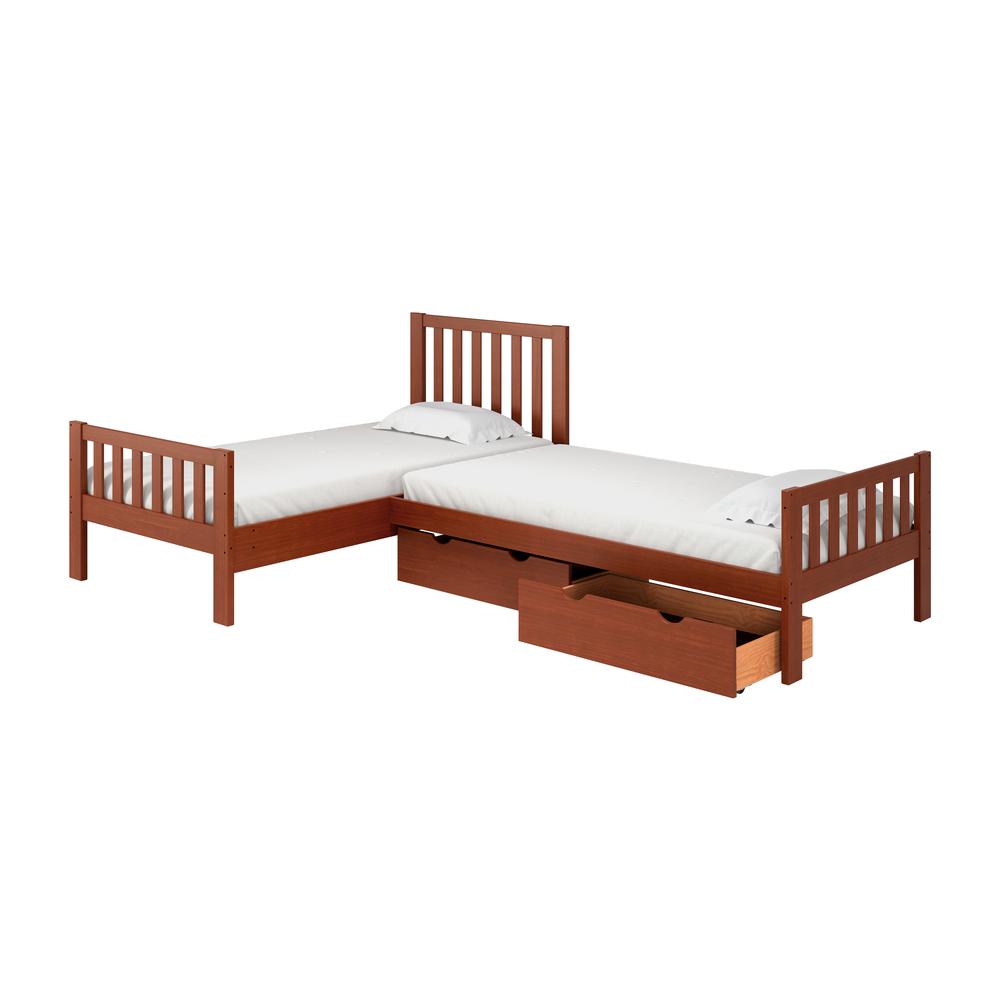 Aurora Corner L-Shaped Twin Wood Bed Set with Storage Drawers, Chestnut. The main picture.