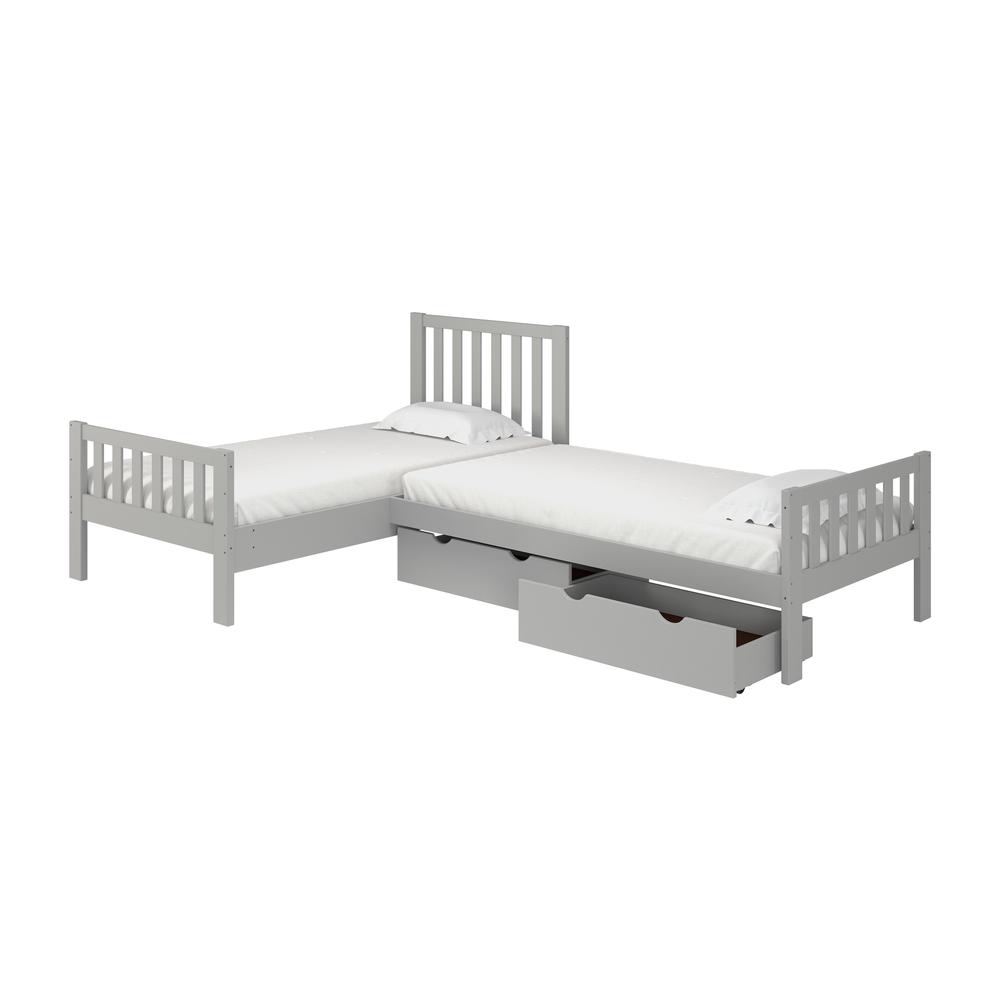 Aurora Corner L-Shaped Twin Wood Bed Set with Storage Drawers, Dove Gray. Picture 1