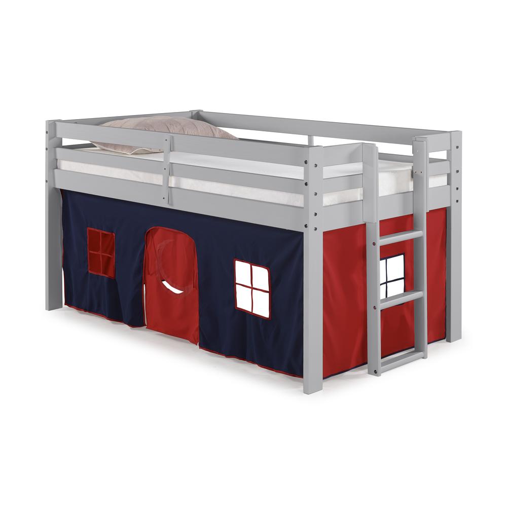 Jasper Twin Junior Loft Bed, Dove Gray Frame and Blue/Red Playhouse Tent. The main picture.