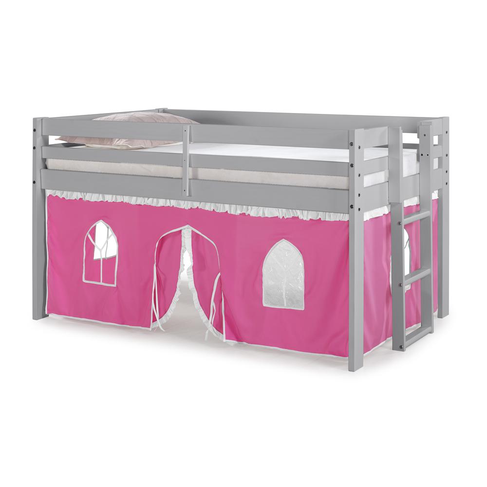 Jasper Twin Junior Loft Bed, Dove Gray Frame and Pink/White Bottom Playhouse Tent. Picture 1