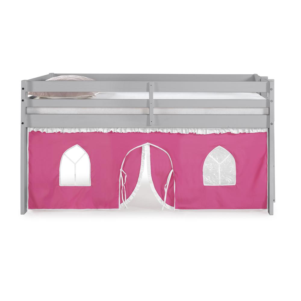 Jasper Twin Junior Loft Bed, Dove Gray Frame and Pink/White Bottom Playhouse Tent. Picture 2