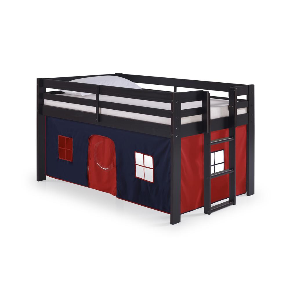 Jasper Twin Junior Loft Bed, Espresso Frame and Blue/Red Playhouse Tent. The main picture.