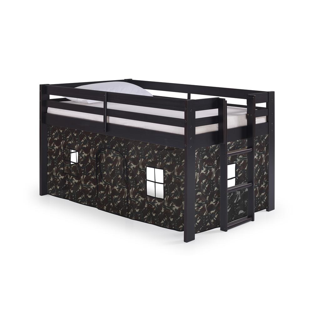 Jasper Twin Junior Loft Bed, Espresso Frame and Green Camouflage Bottom Playhouse Tent. Picture 1