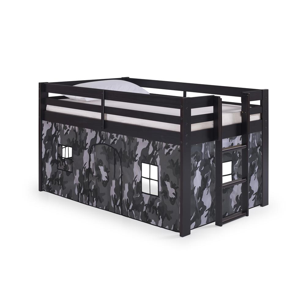 Jasper Twin Junior Loft Bed, Espresso Frame and Gray Camouflage Bottom Playhouse Tent. Picture 1
