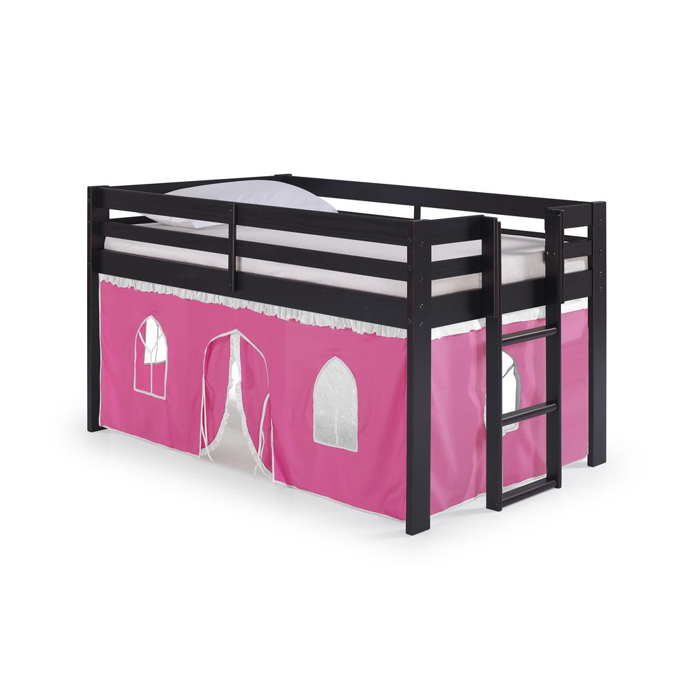 Jasper Twin Junior Loft Bed, Espresso Frame and Pink/White Bottom Playhouse Tent. Picture 1
