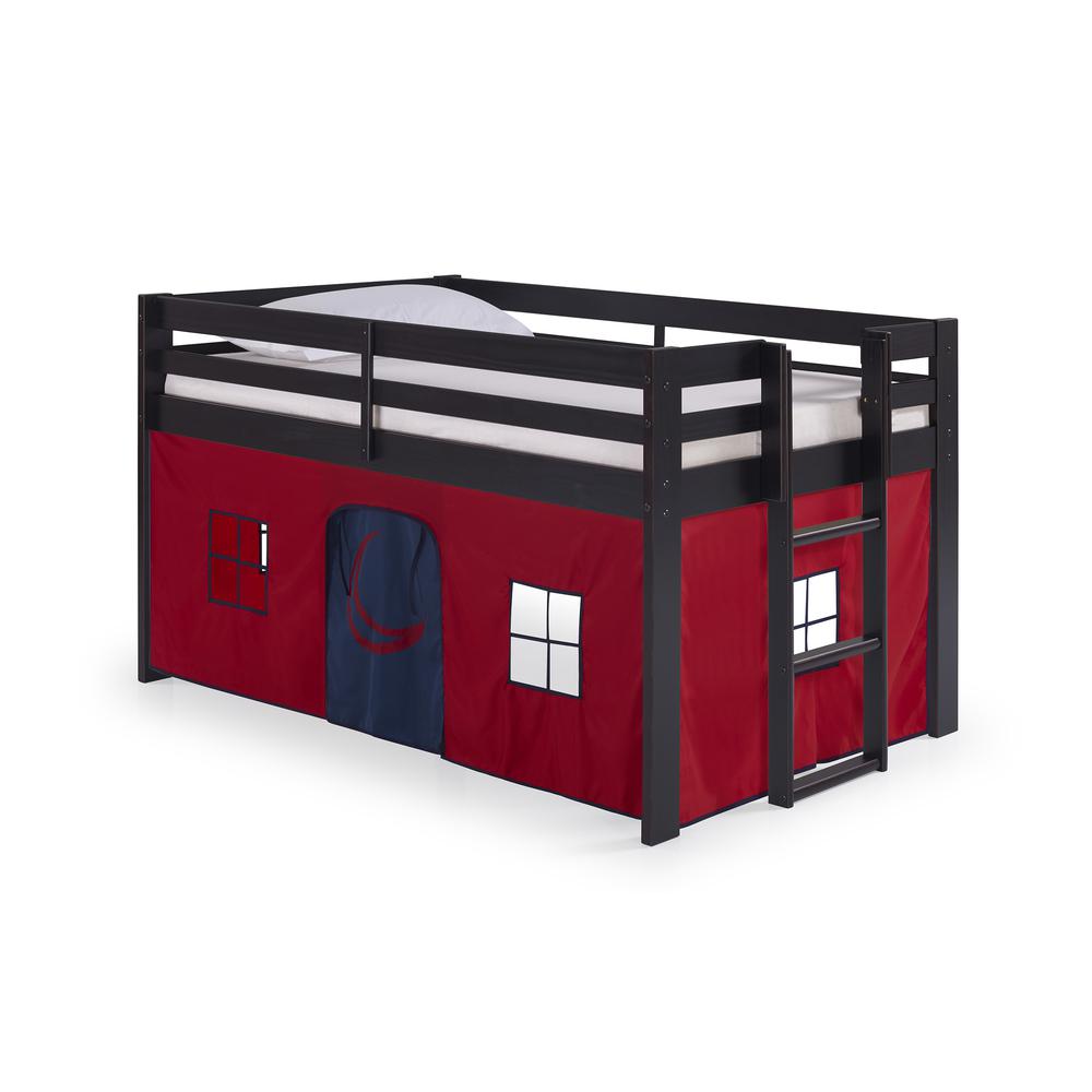 Jasper Twin Junior Loft Bed, Espresso Frame and Red/Blue Bottom Playhouse Tent. Picture 1