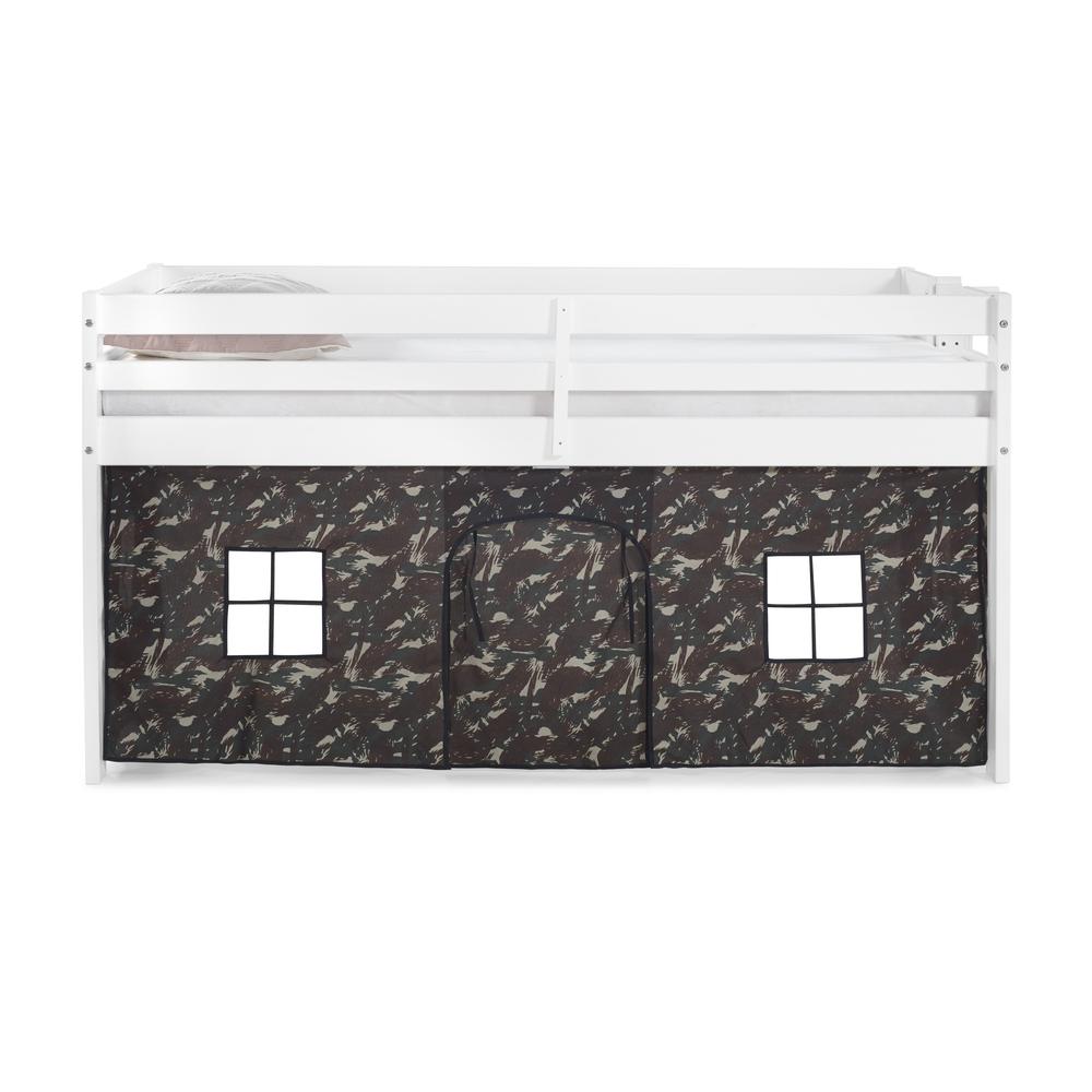 Jasper Twin Junior Loft Bed, White Frame and Green Camouflage Print Bottom Playhouse Tent. Picture 2