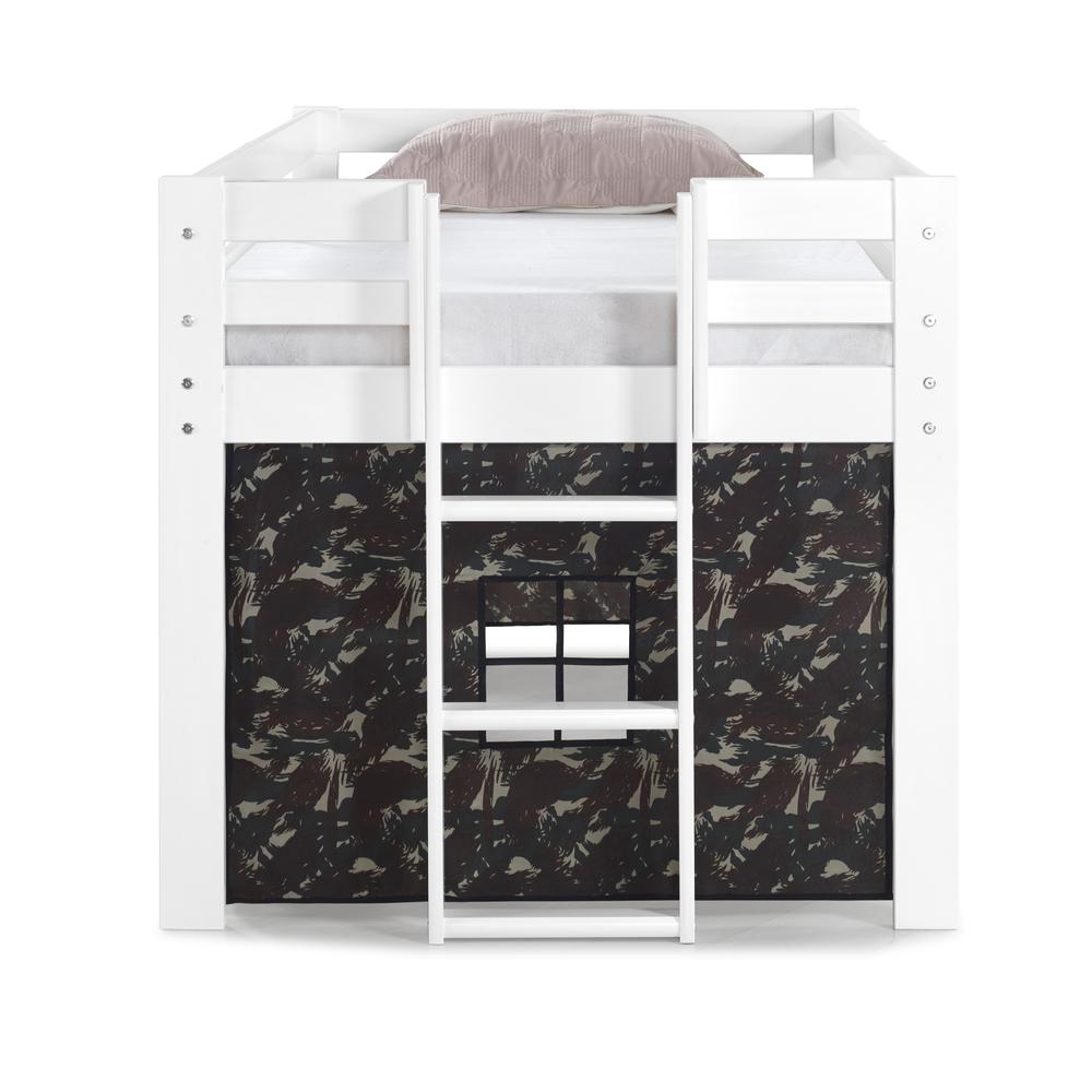 Jasper Twin Junior Loft Bed, White Frame and Green Camouflage Print Bottom Playhouse Tent. Picture 4