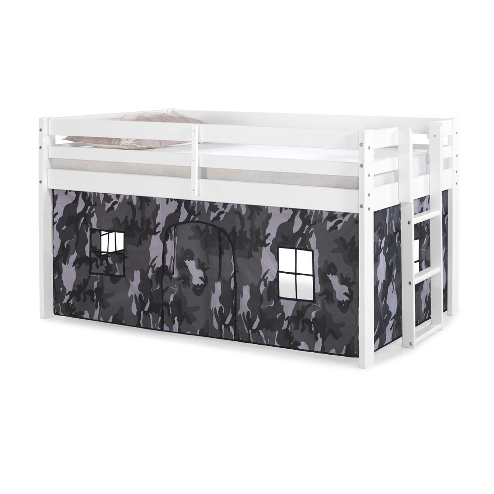 Jasper Twin Junior Loft Bed, White Frame and Gray Camouflage Print Bottom Playhouse Tent. Picture 1