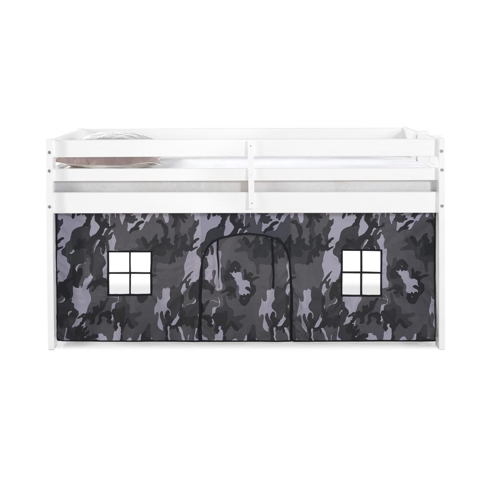 Jasper Twin Junior Loft Bed, White Frame and Gray Camouflage Print Bottom Playhouse Tent. Picture 2