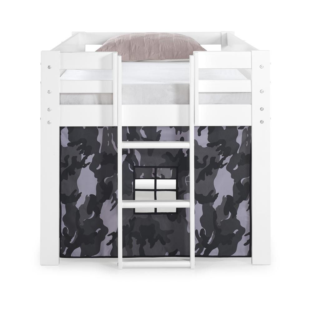 Jasper Twin Junior Loft Bed, White Frame and Gray Camouflage Print Bottom Playhouse Tent. Picture 3