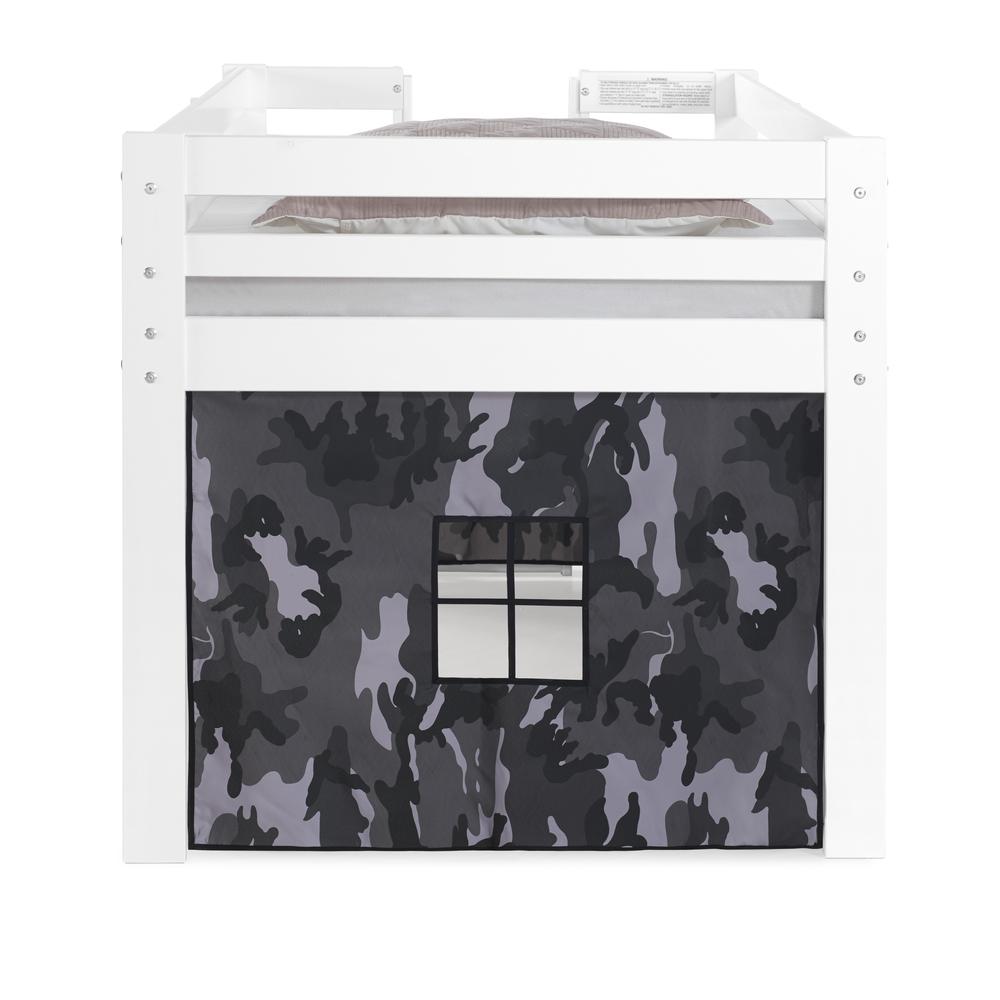 Jasper Twin Junior Loft Bed, White Frame and Gray Camouflage Print Bottom Playhouse Tent. Picture 4