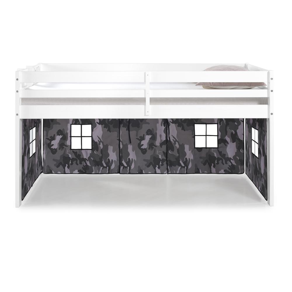 Jasper Twin Junior Loft Bed, White Frame and Gray Camouflage Print Bottom Playhouse Tent. Picture 5