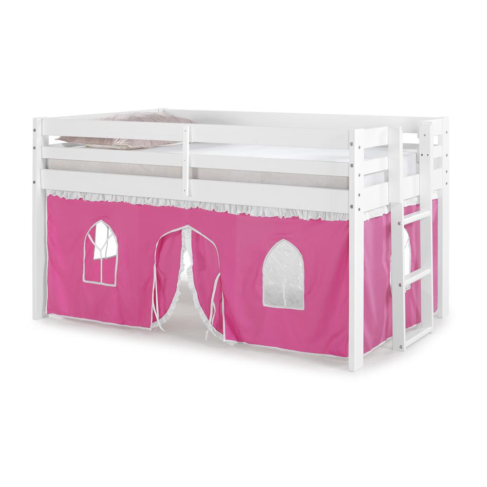 Jasper Twin Junior Loft Bed, White Frame and Pink/White Bottom Playhouse Tent. Picture 1