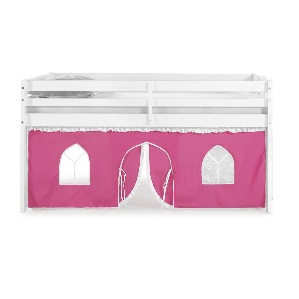 Jasper Twin Junior Loft Bed, White Frame and Pink/White Bottom Playhouse Tent. Picture 2
