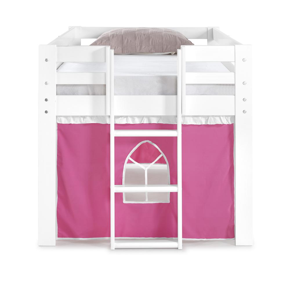 Jasper Twin Junior Loft Bed, White Frame and Pink/White Bottom Playhouse Tent. Picture 3