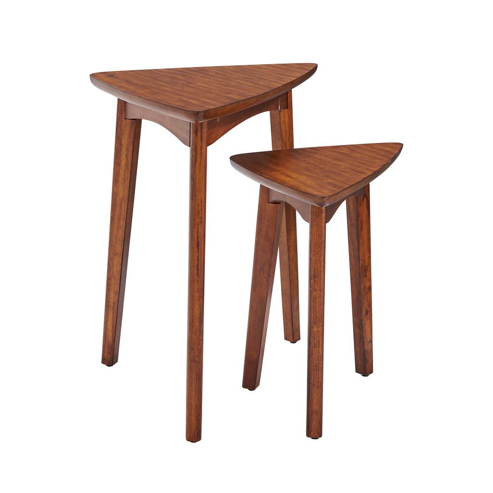 Monterey 24" Mid-Century Wood Triangular Nesting End Tables, Set of Two, Warm Chestnut. Picture 1