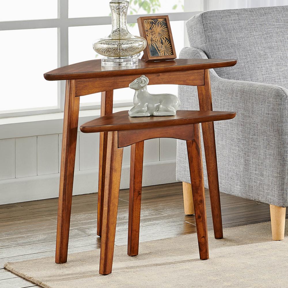 Monterey 24" Mid-Century Wood Triangular Nesting End Tables, Set of Two, Warm Chestnut. Picture 2