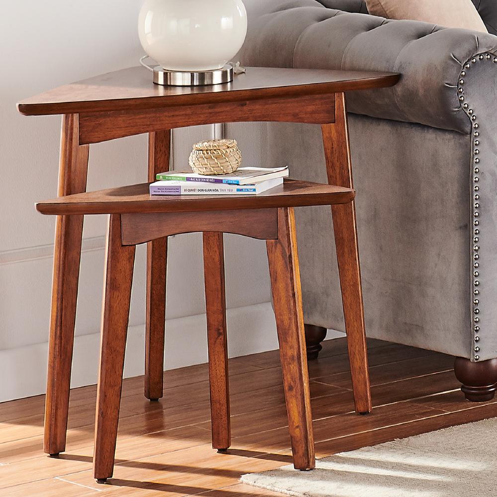 Monterey 24" Mid-Century Wood Triangular Nesting End Tables, Set of Two, Warm Chestnut. Picture 13