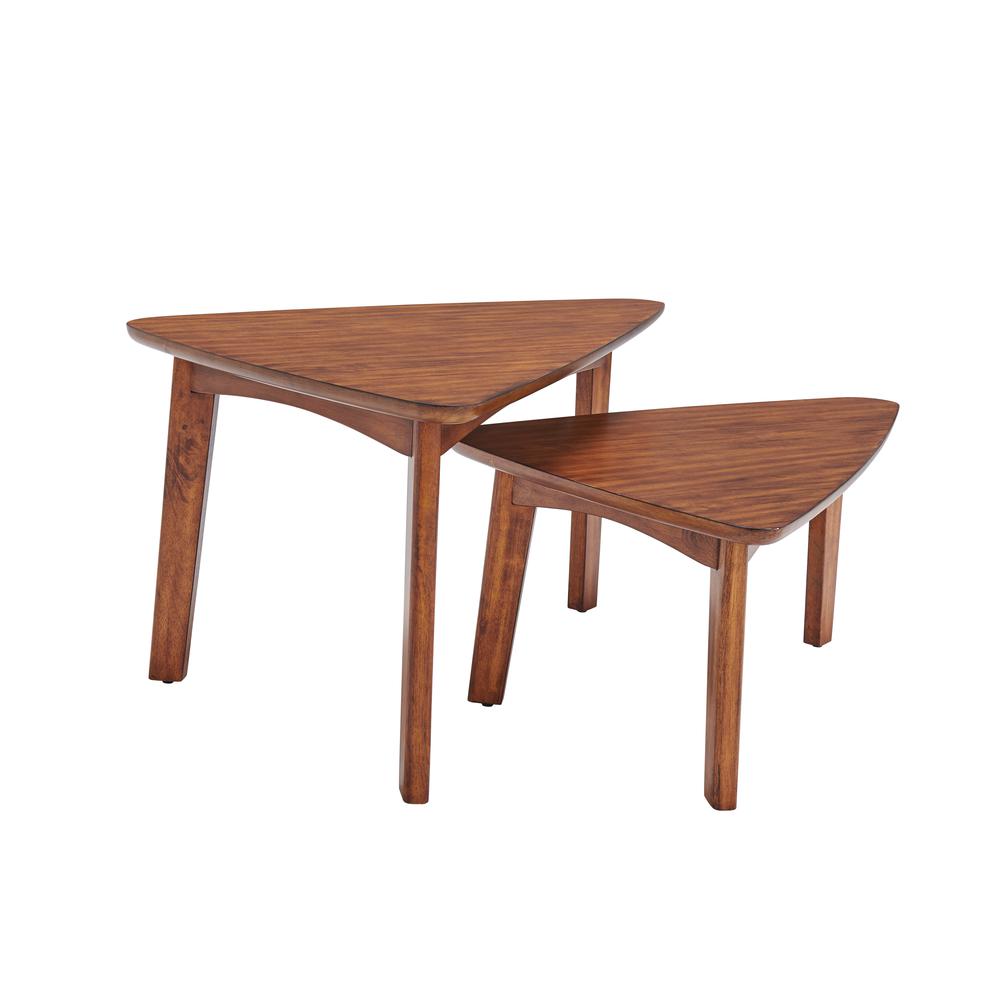 Monterey 40"L Triangular Set of Two Mid-Century Modern Nesting Tables, Warm Chestnut. Picture 1