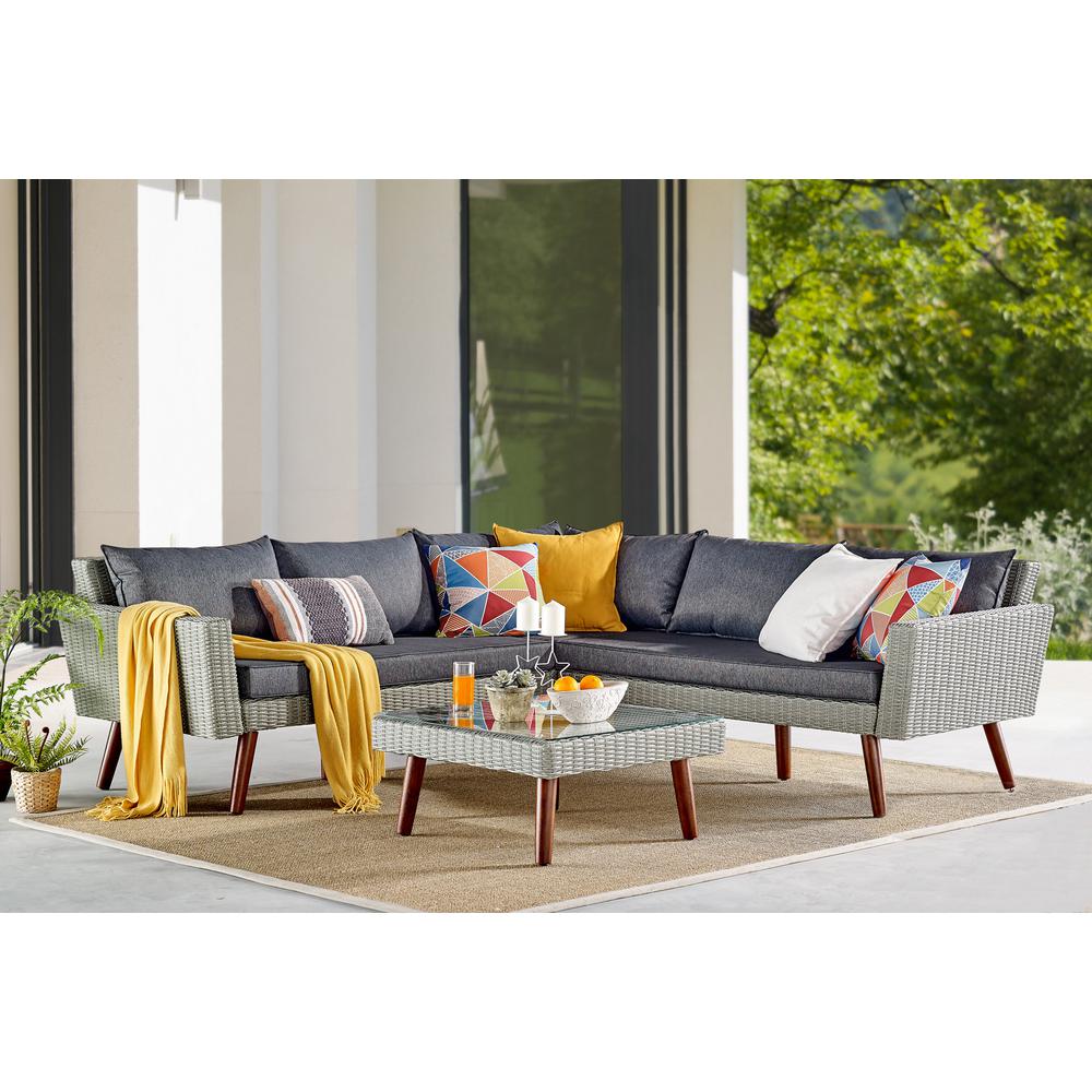 Albany All-Weather Wicker Outdoor Gray 29 W" Square Coffee Table with Glass Top. Picture 30
