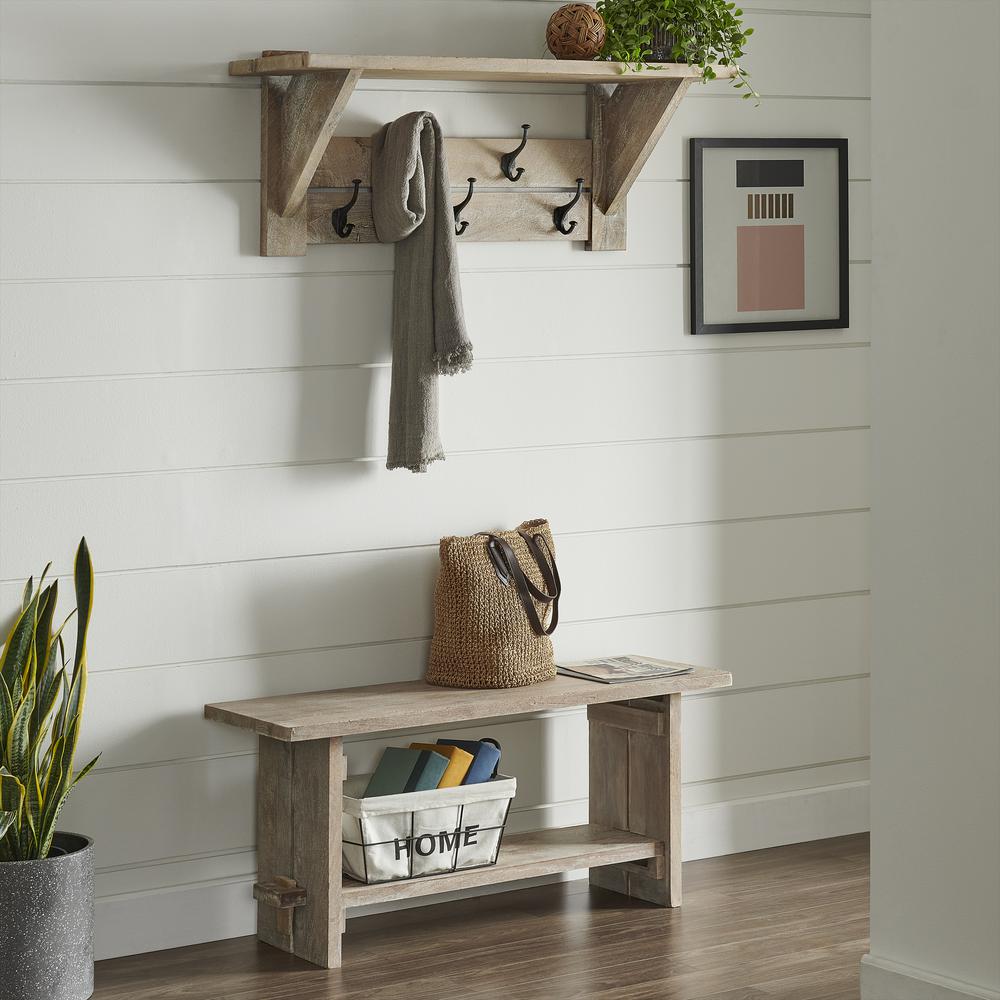 Castleton Mango Wood 40"W Bench and Coat Hook with Shelf. Picture 2