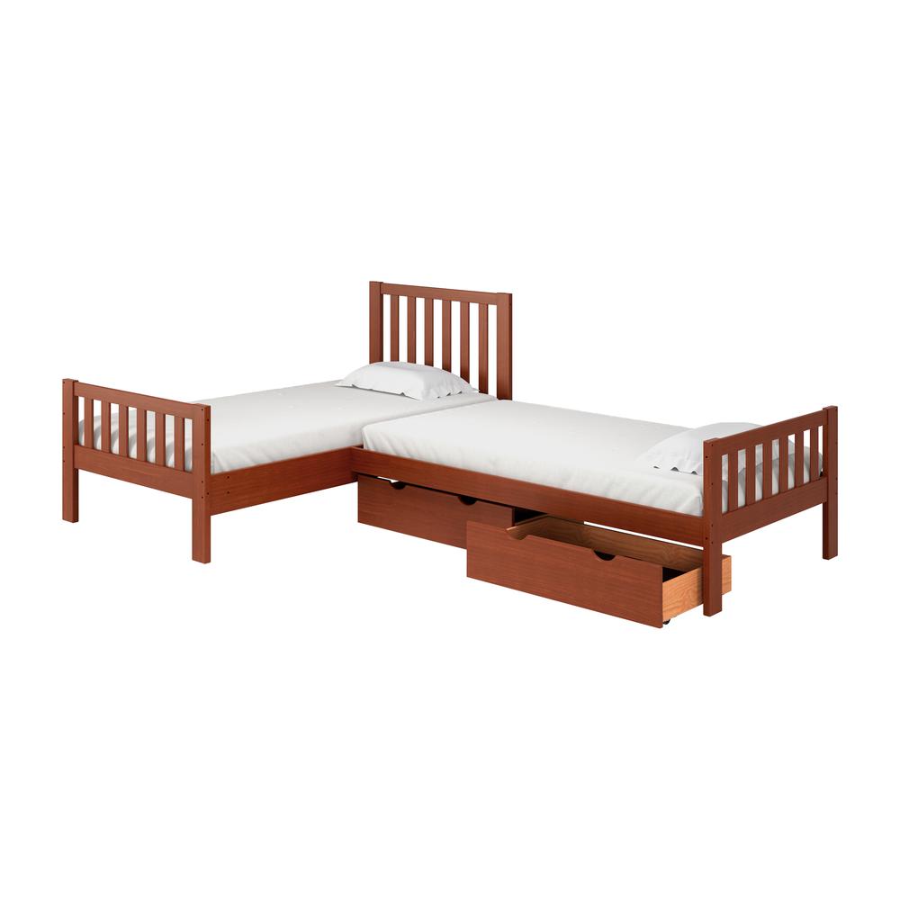 Aurora Corner L-Shaped Twin Wood Bed Set with Storage Drawers, Chestnut. Picture 2
