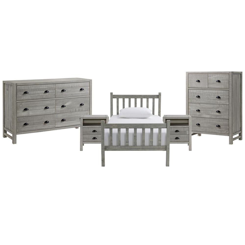 Windsor 5-Piece Bedroom Set with Slat Twin Bed, 2 Nightstands, 5-Drawer Chest  and 6-Drawer Dresser, Gray. Picture 1